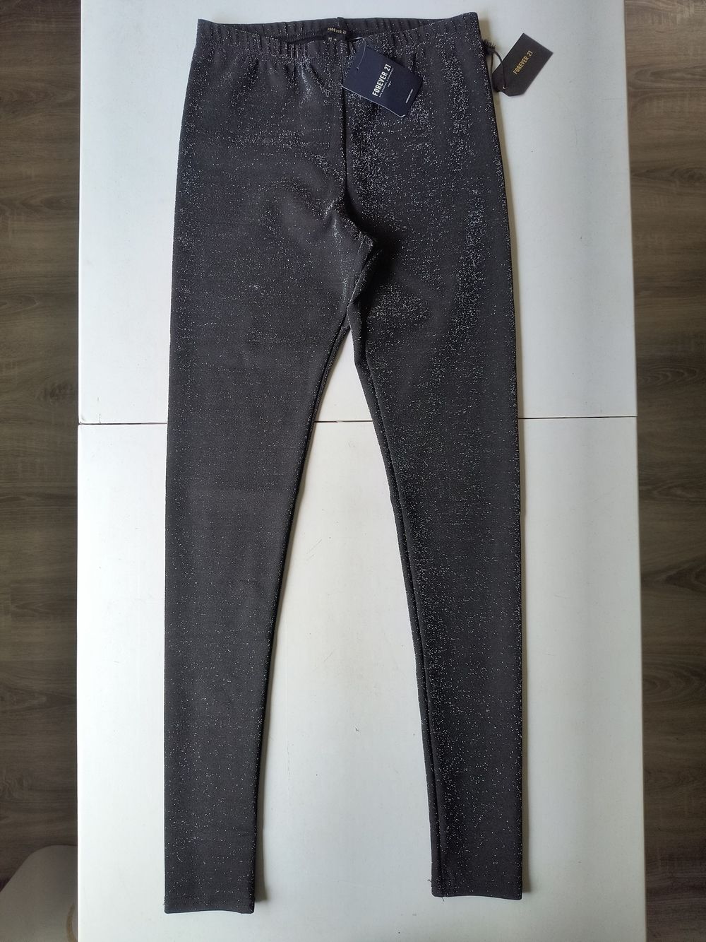 Forever 21 Shiny Metallic Sparkle Knit Leggings Black Silver XS NWT
